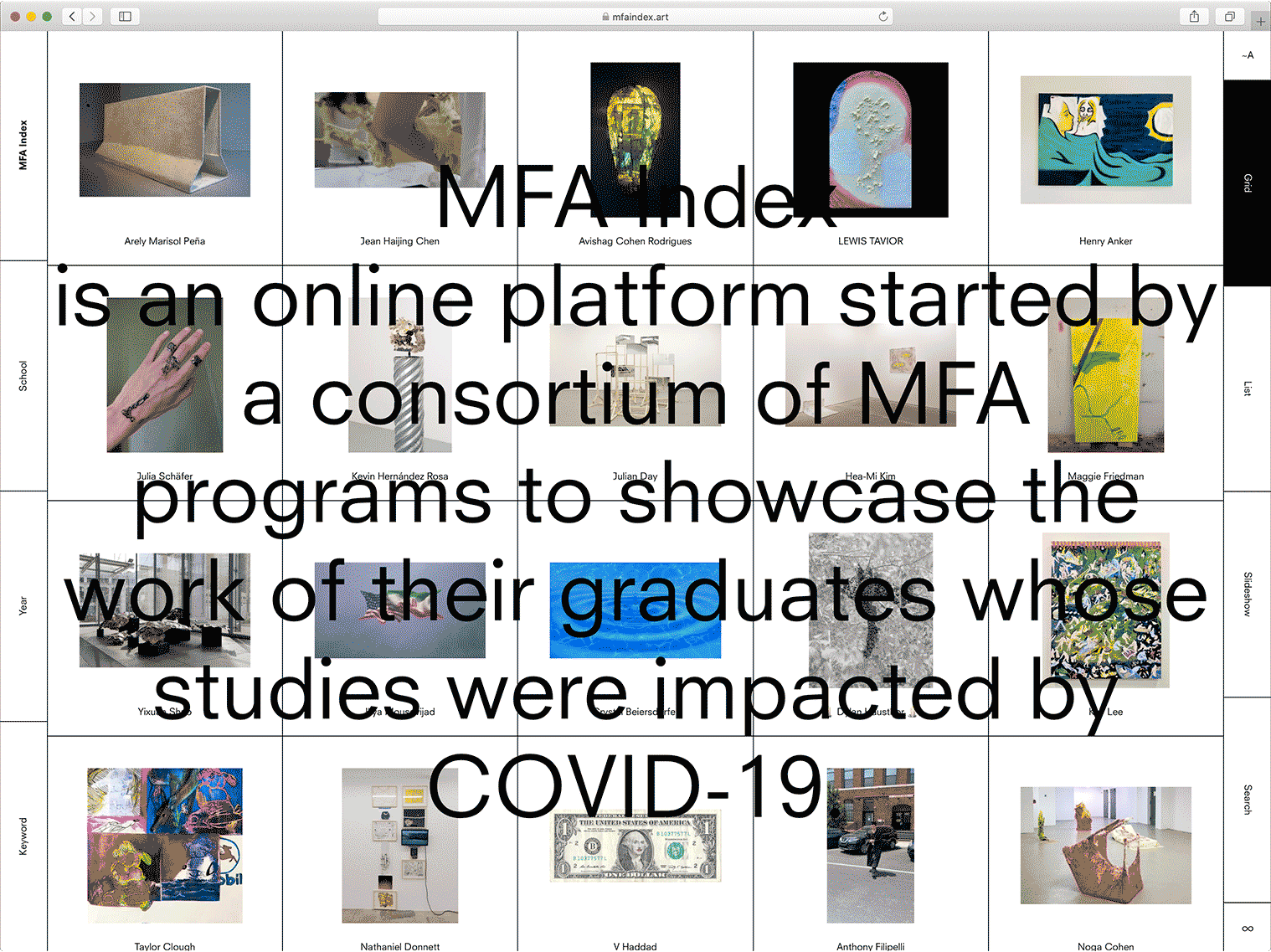 Animated screencaps of mfaindex.art website
